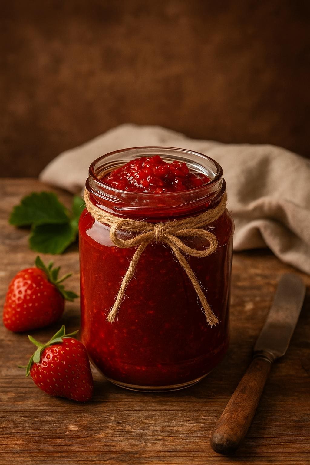 A rustic glass jar filled with homemade strawberry jam, topped with a fabric lid and tied with a twine ribbon, sitting on a light marble surface in soft natural light — evoking a cozy, vintage kitchen atmosphere.
